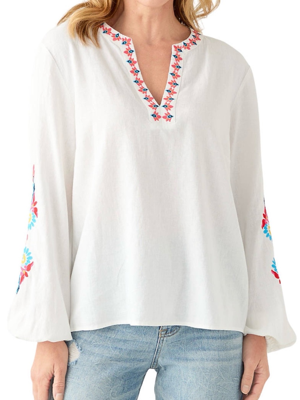 Philosophy White Tunic with Pink, Blue & Yellow Floral Embroidery
